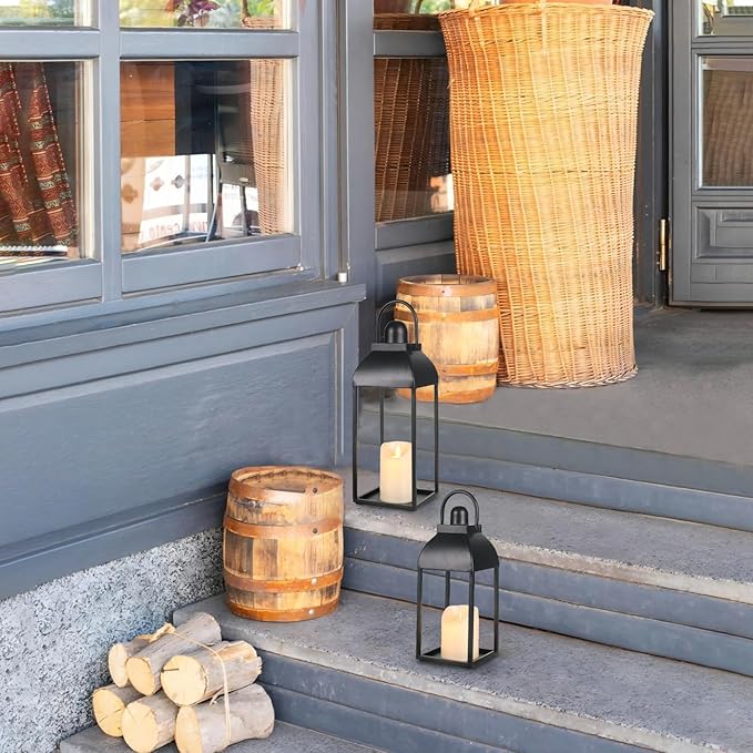 Lanterns Decorative Outdoor Indoor, Black Metal Outdoor Lanterns, 17'' 13'' Set of 2 Modern Farmhouse Candle Lantern Christmas Lanterns Centerpieces for Home, Wedding, Patio, Porch, Mantel