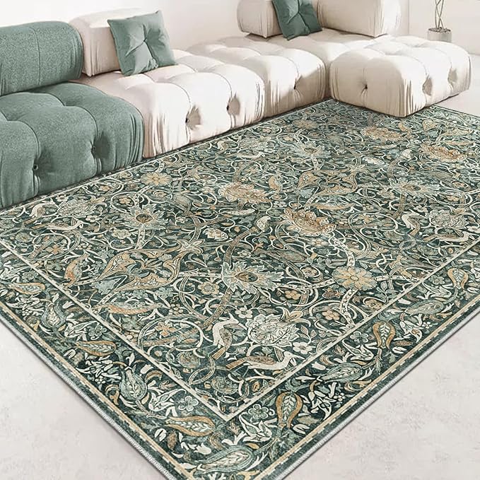 Fortsea 6x9 Drak Green Area Rug for Living Room, Soft Low-Pile Machine Washable Carpet, Retro Pattern Non-Slip Dining Room Rug（6x9 Dark Green）