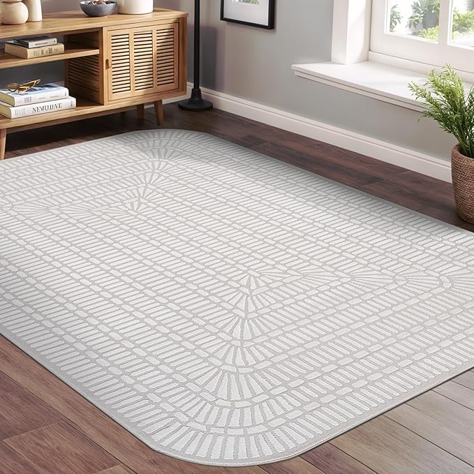 Beverly Rug Modern Geometric Area Rug 6x9 Low-High Pile Durable Soft Abstract Grid Indoor Rugs for Living Dining Room Office Stain Resistant Non Shedding Casual Indoor Carpet Beige White 6 x 9
