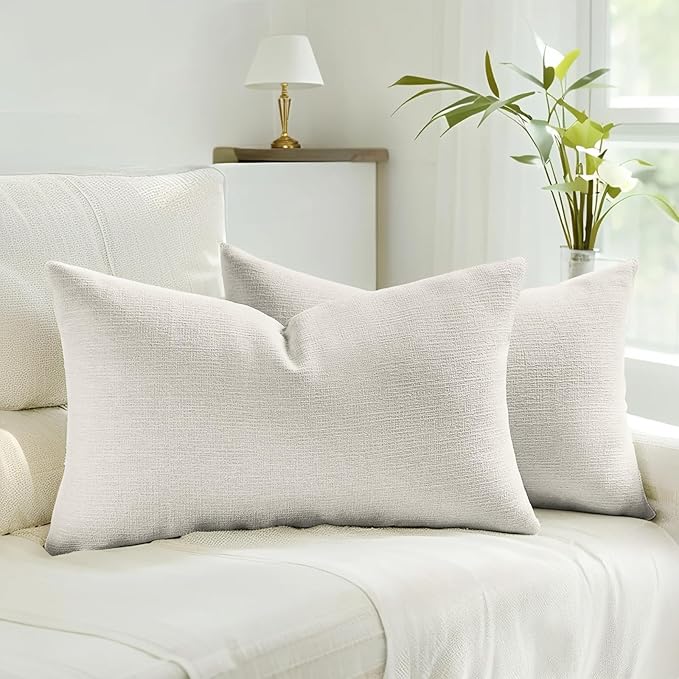 HAUSSY Natural White Wood Throw Pillow Covers 12x20 Inch Set of 2,Boho Decorative Faux Linen Lumber Throw Pillows Cozy Farmhouse Accent Cushion Covers,Home Decor for Couch Sofa Bed Living Room