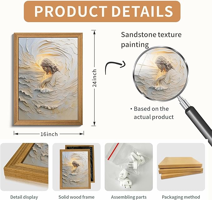 Framed 3D Textured Christian Jesus Canvas Wall Art, Jesus With Golden Halo Wall Decor Paintings, Religious Bible Posters Prints Pictures Artwork for Church Living Room Bedroom Home Decor 16x24 Inch