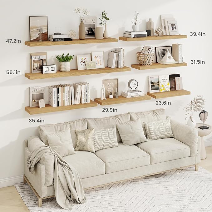 Fun Memories 36 Inch Floating Shelves, 9.3 Inch Deep Rustic Wall Shelves - Extra Deeper Wall Mounted Storage Shelves for Bathroom, Kitchen, Living Room (Oak, Set of 2)