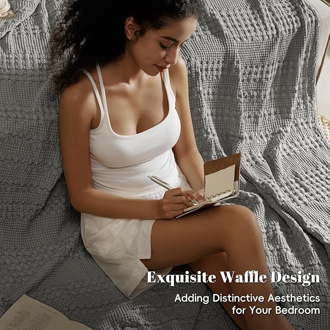 PHF 100% Cotton Waffle Weave Blanket Queen Size for Bed, Soft Lightweight & Breathable, All-Season Comfort, 300 GSM Luxury Aesthetic Blanket for Home Decor, 90"x90", Dark Grey