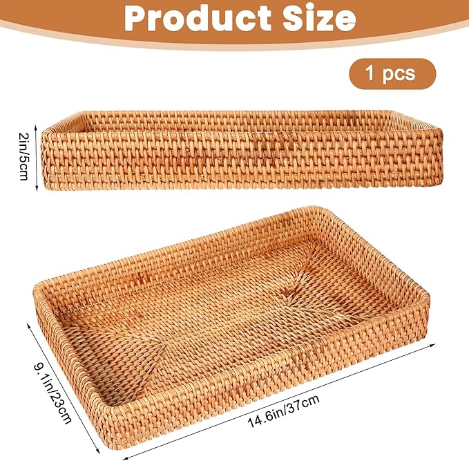 Wicker Storage Basket Rattan Tray Rectangular Wicker Basket Decorative Serving Tray Fruit Baskets Food Serving Holders Woven Baskets for Storage Home Kitchen Restaurant Decor