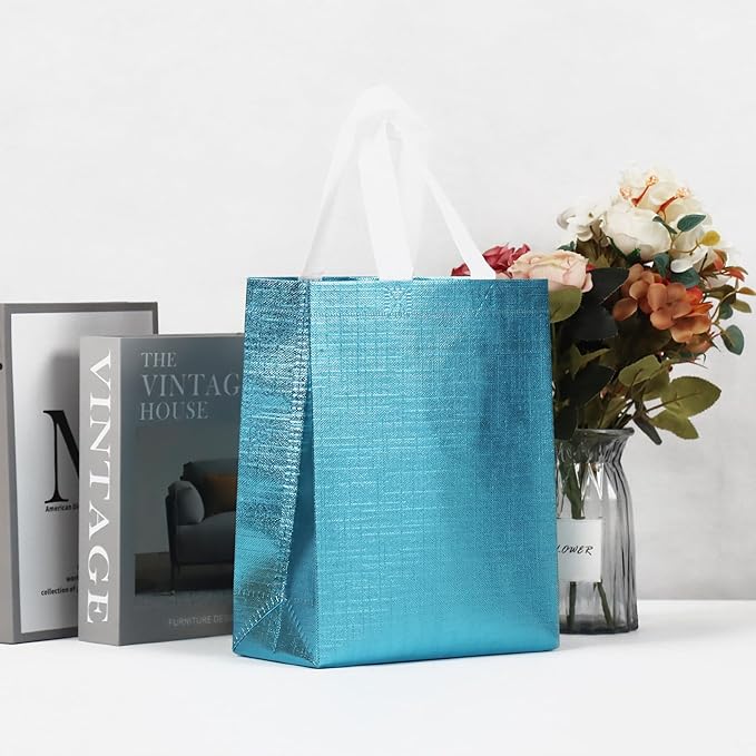 16 Pcs Metallic Bling Blue Gift Bags Bulk with Cardboard Bases, Glossy Small Reusable Party Bags for Birthday, Wedding, Christmas, Parties- 10.2x3.9x8.3 In