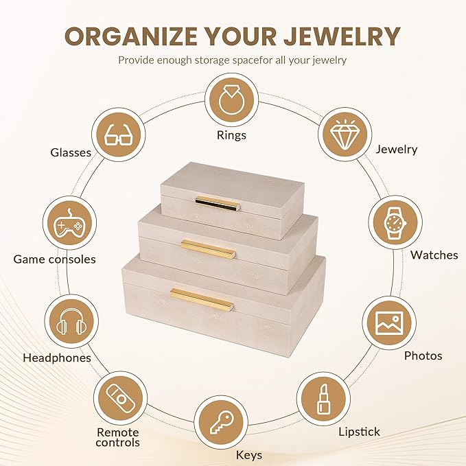 Hanna Roberts Ivory Shagreen Decorative Boxes Set of 3 Faux Leather Jewelry Boxes With Gold Metal Handles For Home Decor Womens Mens Jewelry Organizer