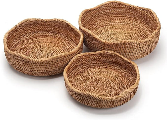 Rattan Bread Baskets Round Woven Fruit Bowls Key Holders Stackable for Storage, Snack, Fruit, Vegetable Natural Set of 3