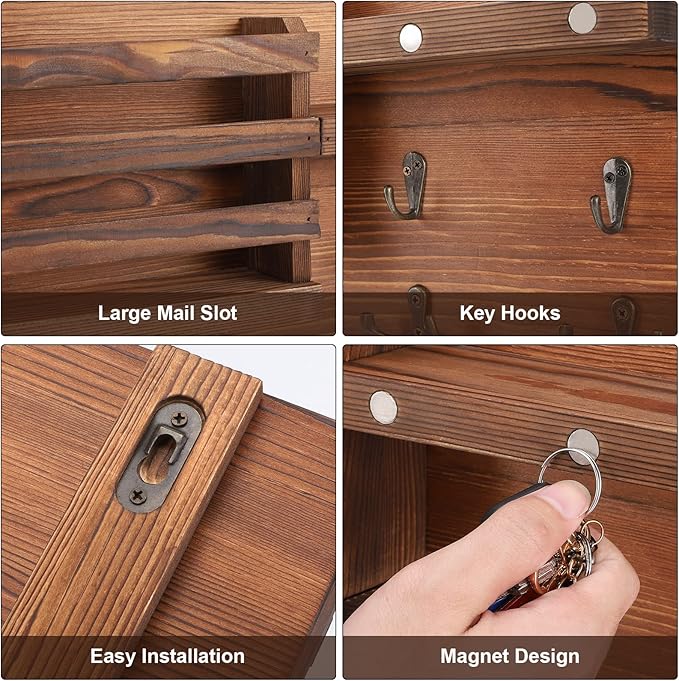 Decorative Key Hanging Rack with 10 Hooks – Easy Install Natural Wooden Key and Mail Holder for Wall Mount – Entryway Decor Rack with Shelf (Brown)