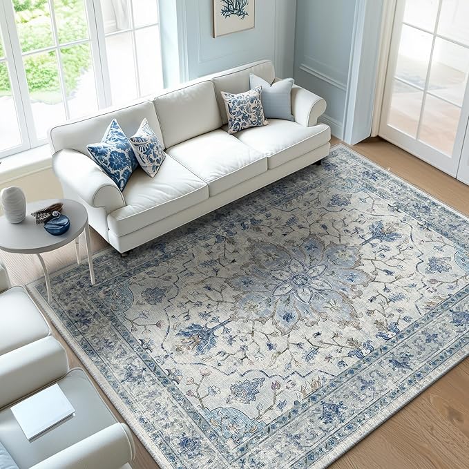 RELEANY Area Rugs 6'x9' Washable Non-Slip, Floral Vintage Distress Print Pattern Medallion Carpet for Living Room Bedroom Dining Room, Light Blue Navy Beige Gray White