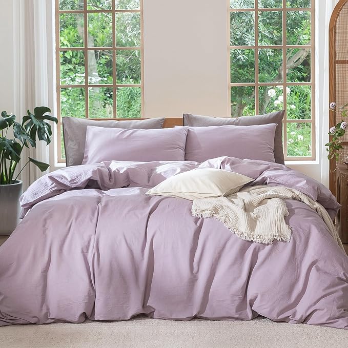 MooMee Bedding Duvet Cover Set 100% Washed Cotton Linen Like Textured Breathable Durable Soft Comfy (Heathered Light Purple, Twin 68"x90")