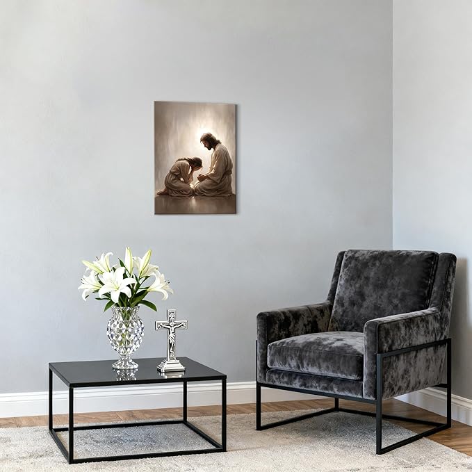 Jesus and Woman Wall Art, Christian Repentance and Forgiveness Canvas Painting, Sacred Heart Biblical Wall Decor Pictures Religious Poster Prints for LDS Home Living Room Prayer Room 12×16 in Framed