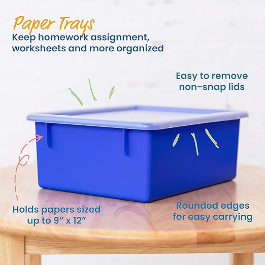 ECR4Kids Letter Size Deep Tray with Lid, Storage Bin, Blue, 10-Piece