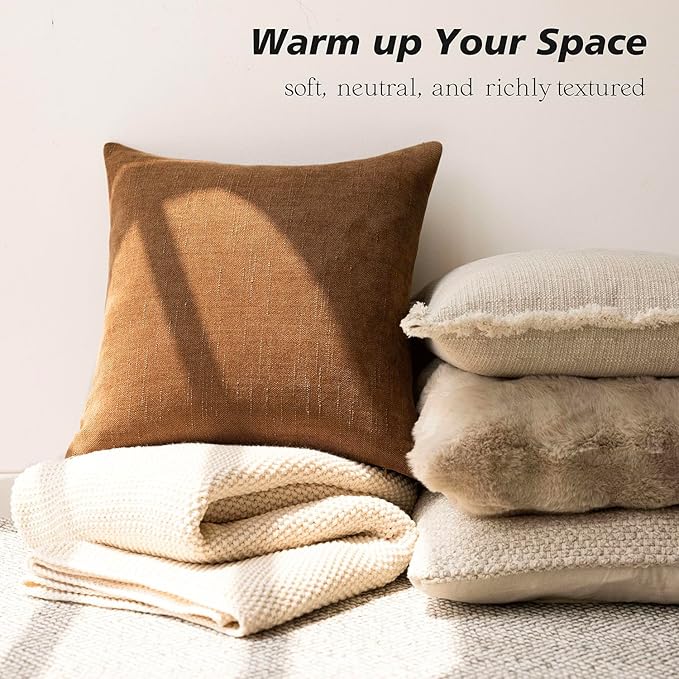 Foindtower Pack of 2 Soft Textured Chenille Throw Decorative Pillow Covers Square Accent Solid Cushion Cover Cozy Farmhouse Pillow Case with Zippe for Couch Sofa Bed Living Room 16x16 Inch, Bronze