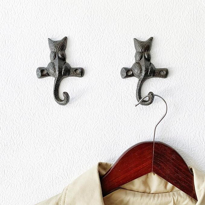 Rustic Cat-Shaped Decorative Wall Hook Rack Hangers for Hanging Clothes, Coats, Towels, Keys, and Hats, 2 Pack Antique Cast Iron Mounted Wall Hooks