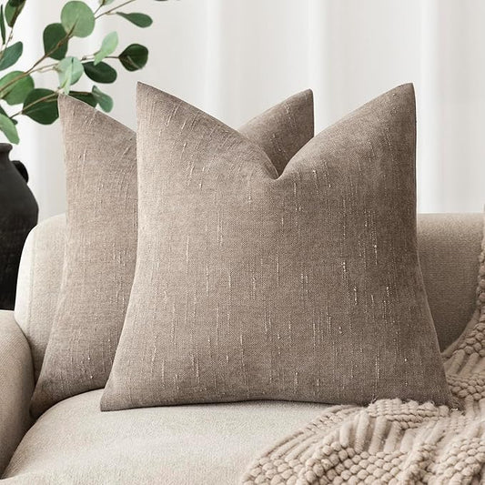 Foindtower Set of 2 Soft Textured Chenille Throw Decorative Pillow Covers Square Accent Solid Cushion Cover Cozy Neutral Farmhouse Pillow Case for Couch Sofa Bedroom Living Room 26x26 Inch,Light Taupe