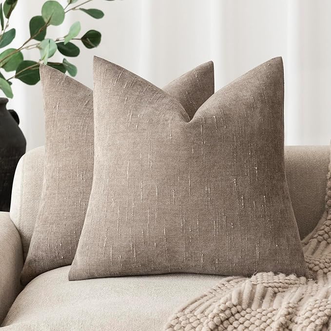Foindtower Set of 2 Soft Textured Chenille Throw Decorative Pillow Covers Square Accent Solid Cushion Cover Cozy Neutral Farmhouse Pillow Case for Couch Sofa Bedroom Living Room 16x16 Inch,Light Taupe