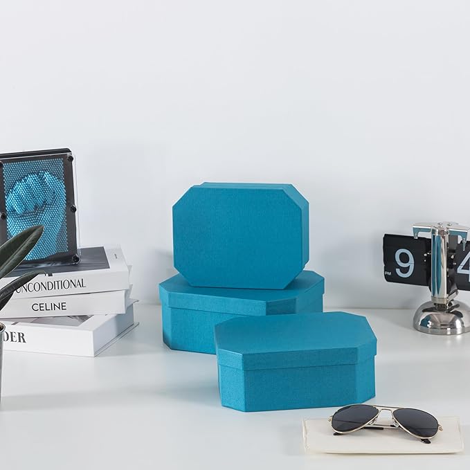 Soul & Lane Octagon Textured Decorative Storage Boxes in Blue, Set of 3 Nesting Durable Cardboard Memory Boxes for Keepsakes, Gifts, Organizing, and Home Decor