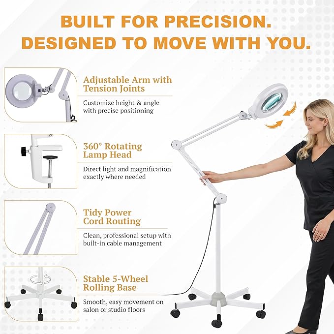 Professional Magnifying Lamp with UV Light, 5X Optical Glass Lens, Adjustable LED Brightness, 360° Swivel Wheels, Extendable Arm, Ideal for Detail Work by Tattoo Artists, Lash Extension Experts