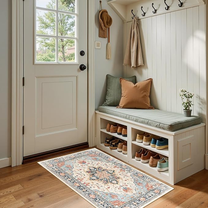 RELEANY Area Rugs 2'x4' Washable Non-Slip, Floral Vintage Distress Print Pattern Medallion Carpet for Living Room Bedroom Dining Room, Beige Navy Blue Orange Colorful