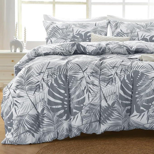 MUXHOMO Duvet Cover Queen Size, Reversible Floral Black & Grey Duvet Cover Set with Zipper Closure, 3 Pieces Botanical Patterns Soft Microfiber Bedding Set with 4 Ties (90"x90", 2 Pillow Cases) US