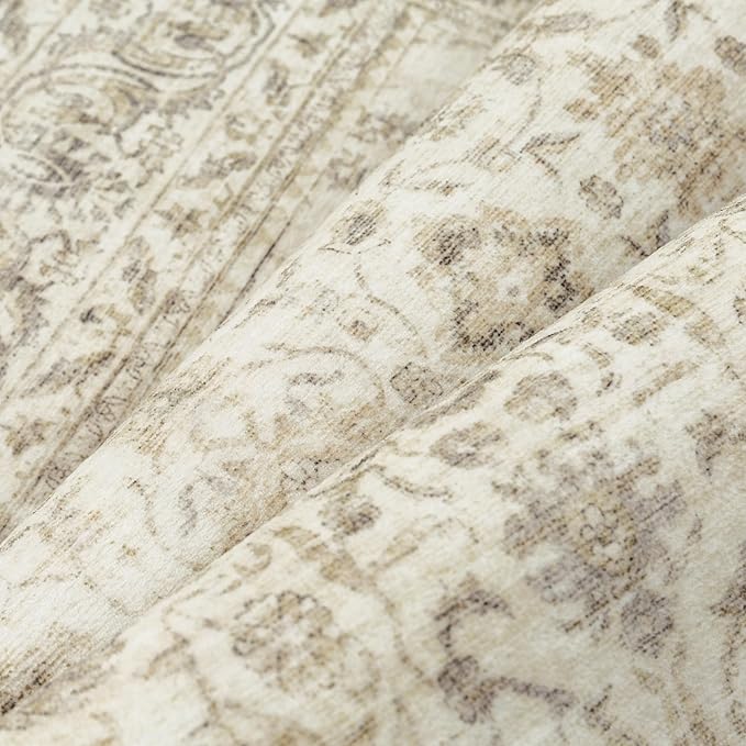 PureCozy 6x9 Area Rug Machine Washable Living Room Bedroom Vintage Distressed Non Slip Carpet Indoor Large Low Plie Thin Beige Dining Room Office Retro Accent Throw Rug