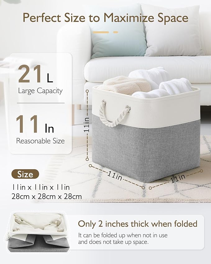 11 Inch Storage Cubes 6-Pack, Foldable Fabric Organizer Bins with Rope Handles, Cube Storage Baskets for Closet Shelves and Home Organization(White/Gray)