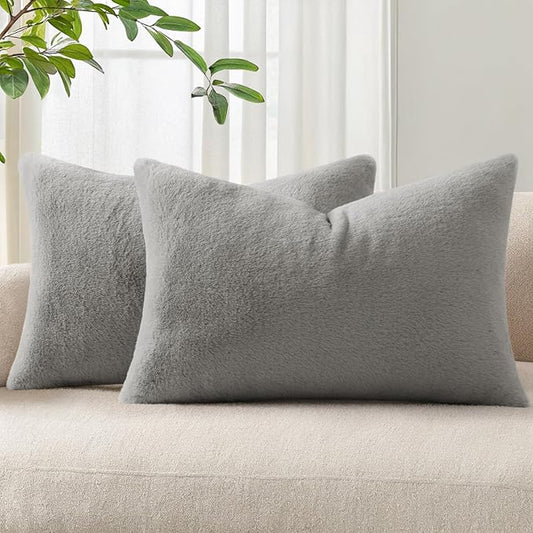 Pallene Faux Fur Plush Lumbar Throw Pillow Covers 12x20 Set of 2, Soft Fluffy Couch Pillow Covers for Living Room, Grey