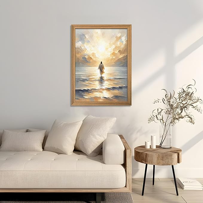 Framed 3D Textured Jesus Walking on Water Wall Art, Christian Bible Stories Wall Decor Paintings, Jesus Walks on Water on Water Back Posters Prints Pictures for Church Living Room Bedroom 16x24 Inch