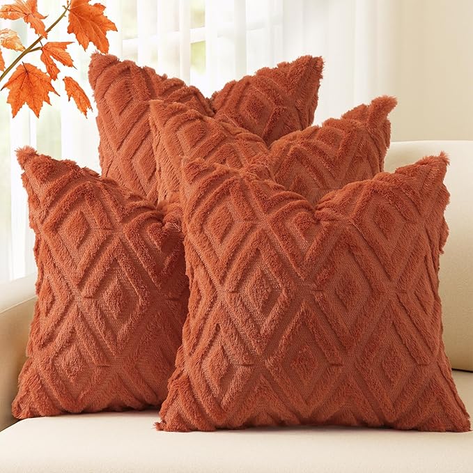 decorUhome Pack of 4 Faux Fur Fall Burnt Orange Throw Pillow Covers 16x16, Soft Decorative Couch Pillow Covers with Velvet Back for Modern Sofa Living Room, Rust