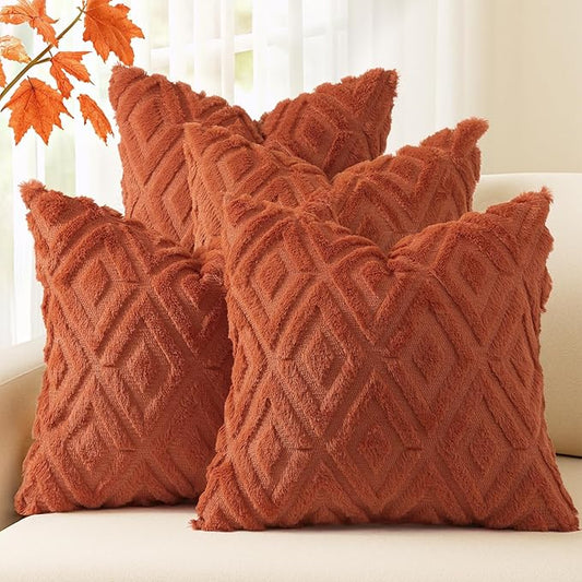 decorUhome Pack of 4 Faux Fur Fall Burnt Orange Throw Pillow Covers 16x16, Soft Decorative Couch Pillow Covers with Velvet Back for Modern Sofa Living Room, Rust