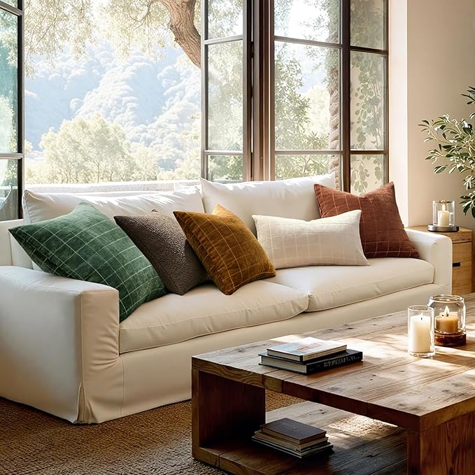 MIULEE Decorative Chenille Check Throw Pillow Covers Vintage Plaid Couch Pillows 20x20 Inch Set of 2 Neutral Boho Cushion Covers Modern Spring Home Decor for Sofa Bed Living Room Moss Green