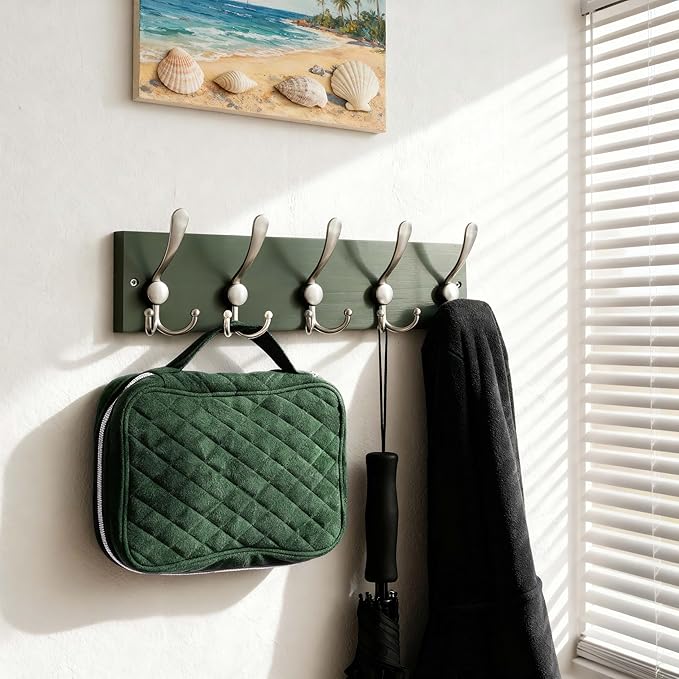 SKOLOO Creations Forest Green Solid Wood Wall Mounted Coat Rack, 5 Hooks, 16-7/8" Long - Kitchen, Mudroom, Entryway, Bathroom - Includes Mounting Hardware, Wall Coat Hanger, Towel Rack, Pack of 2