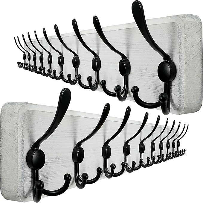 WEBI Coat Rack Wall Mounted,38 9/16" Long,10 Hooks,Wood Coat Hooks Wall Mounted Coat Hanger,Hook Rack Rail,Triple Hooks for Hanging Coats,Clothes,Jacket,Farmhouse,Black/White,2 Packs