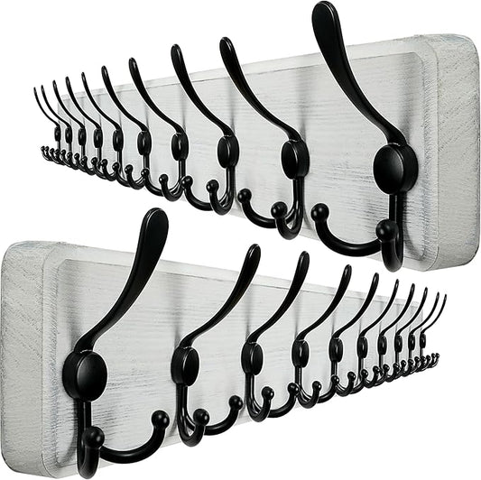 WEBI Coat Rack Wall Mounted,38 9/16" Long,10 Hooks,Wood Coat Hooks Wall Mounted Coat Hanger,Hook Rack Rail,Triple Hooks for Hanging Coats,Clothes,Jacket,Farmhouse,Black/White,2 Packs