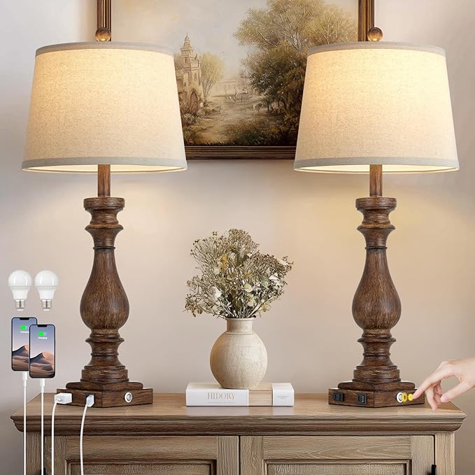 29" Farmhouse Brown Table Lamp for Living Room Set of 2,Vintage Bedside Nightstand Lamps with USB C+A Ports & AC Outlet,3-Way Dimmable Touch Retro Lamp for Bedroom,Brown