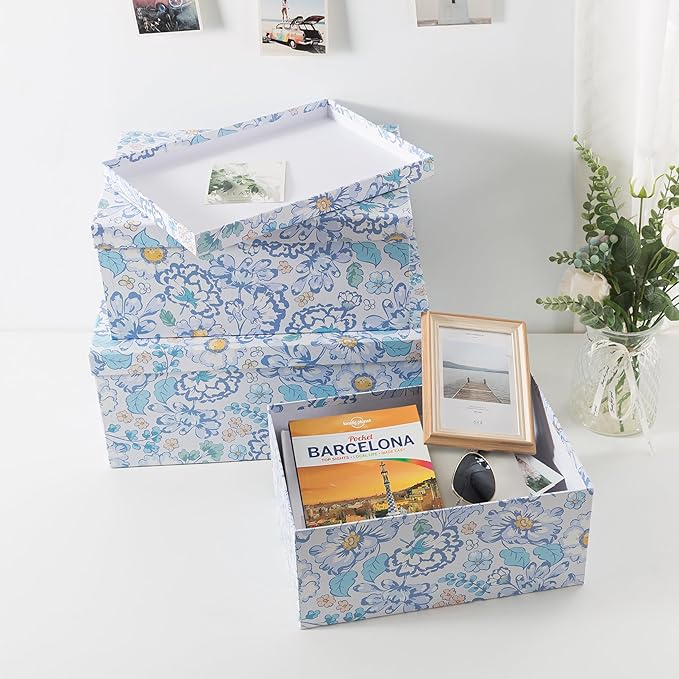 Soul & Lane Decorative Cardboard Storage Boxes For Home Décor, Sky Meadow, Set of 3: Floral Paperboard Nesting Storage With Lids, Memory Boxes For Keepsakes And Photos, Gift Set For Presents