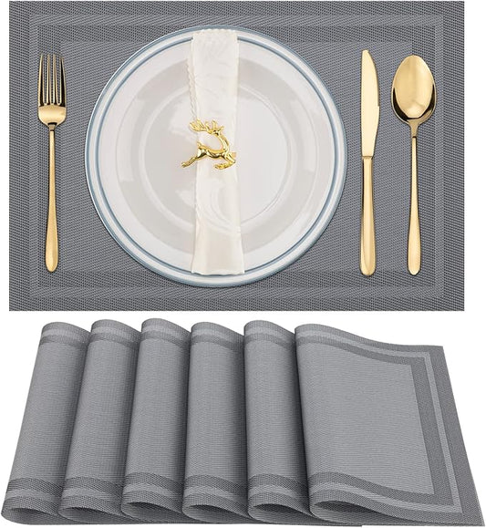 Winknowl Placemats Set of 6，Heat Resistant Woven Vinyl Washable PVC Place Mats，Non-Slip Stain Resistant Indoor/Outdoor Table Mats for Dining Table (Grey)