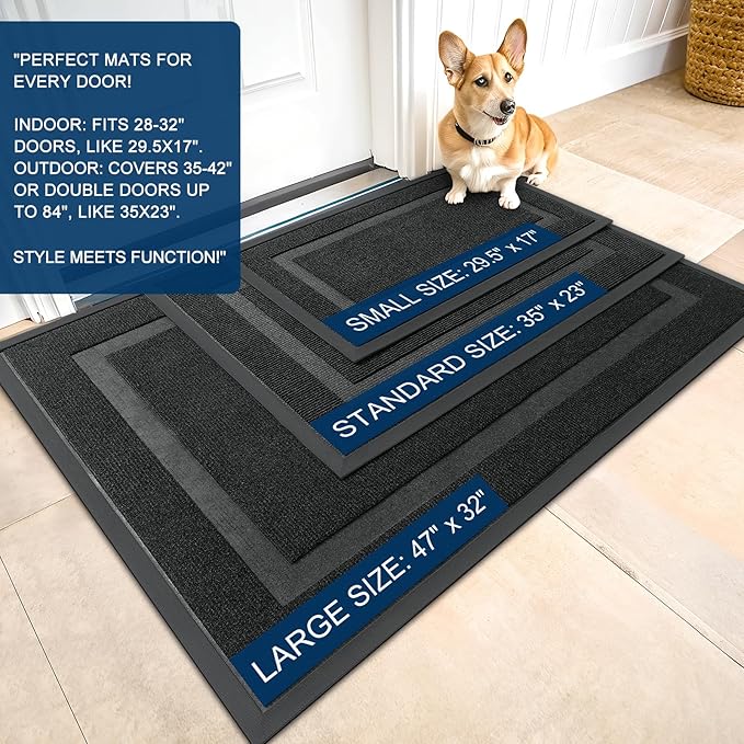 OLANLY Front Door Mat Indoor Outdoor Entrance, Waterproof All-Season, All-Weather Doormat, Sturdy Natural Rubber, Fade Resistant, Low Profile, Easy Clean Patio Porch Entryway Mat, 47x30, Black
