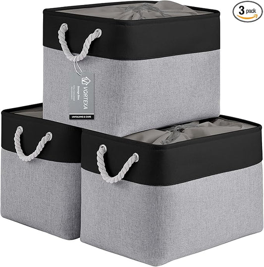 Large Storage Baskets- 16x12x12 inch Storage Bins for Shelves and Closet Organizing, Foldable Fabric Bin for Home Organization Clothes and Laundry (3-Pack, Black&Gray)