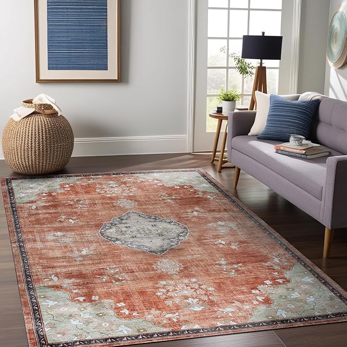 Beverly Rug Non Slip Rugs 4x6 Boho Medallion Floral Non Skid Rubber Backing Easy Silk Soft Area Rug for Living Room Easy to Clean Non Shedding Kitchen Bedroom Indoor Carpet (4 x 6 Orange - Cream)