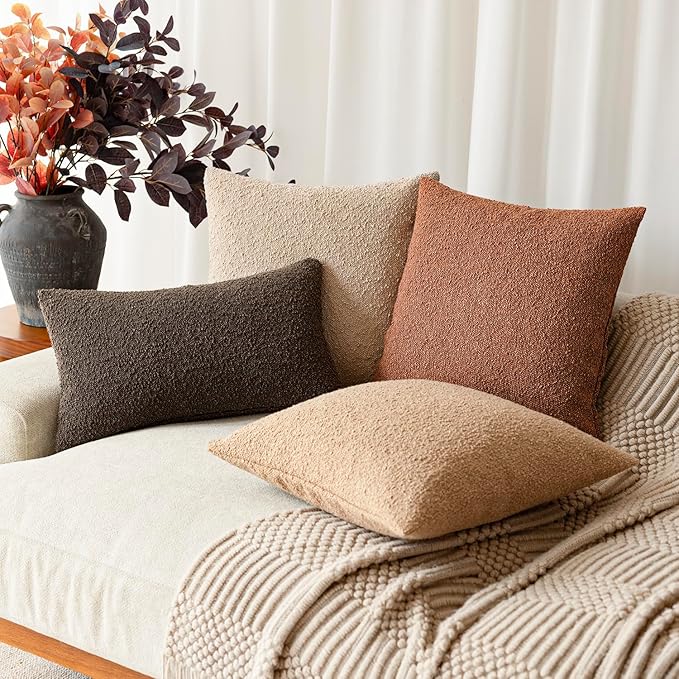 Foindtower Decorative Textured Boucle Throw Pillow Covers Accent Solid Pillow Cases Neutral Soft Cozy Couch Cushion Case for Chair Sofa Bedroom Living Room Home Decor 22x22 Inch,1PC,Burnt Orange Hazel