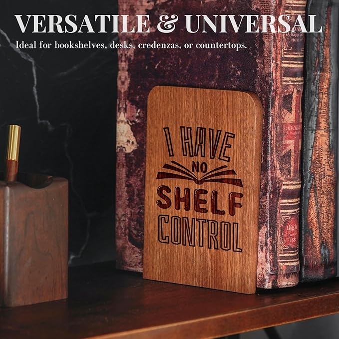 Book Lovers Gifts, Novelty Bookends Unique, Gifts for Book Lovers, Heavy Duty Wooden Book Ends for Shelves Decorative(1 Pair, 4.72x6.69 Inches) - No Control