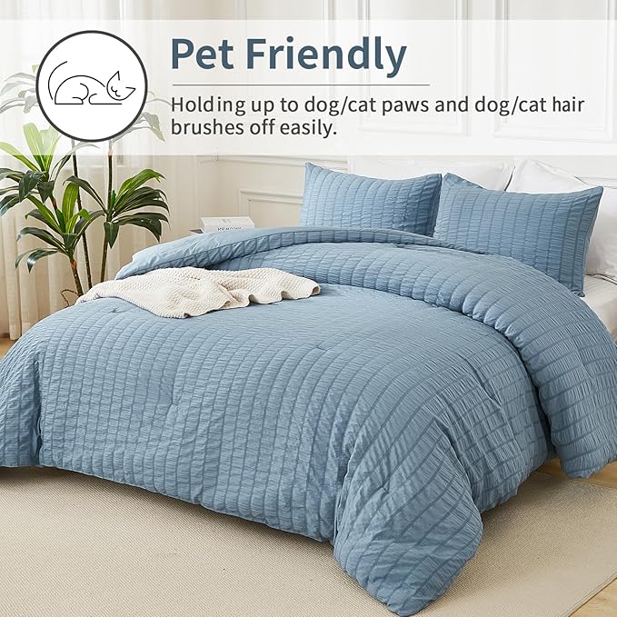 AveLom Seersucker Comforter Set Twin, Grayish Blue, 68x90, 1 Comforter and 1 Pillowcase