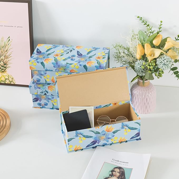 Soul & Lane Blue and Yellow Decorative Storage Boxes with Lids - Set of 3 - Sunlit Garden Delight: Floral Memory Keepsake Boxes with Magnetic Closure, Cardboard Storage for Photos, Organizing, Gifts
