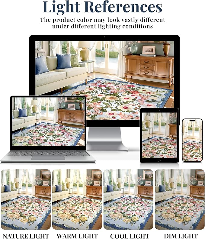 AREAMAY Floral Rug for Living Room - 4x6 Washable Area Rugs Non-Slip Soft Low-Pile Stain Resistant Carpet Unique Flower Print Vintage Indoor Rug for Bedroom Dining Room Office Nursery Room, Blue