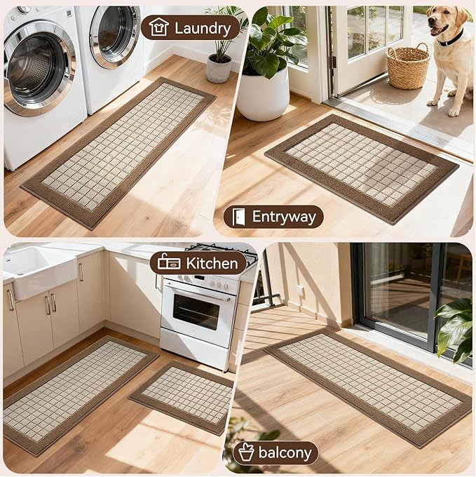Kitchen Mats for Floor 17"x30", Non-Slip Washable Kitchen Rugs, Absorbent and Stain Resistant Kitchen Rug, Durable Comfortable Rugs for Kitchen, Hallway, Laundry & Sink, Brown