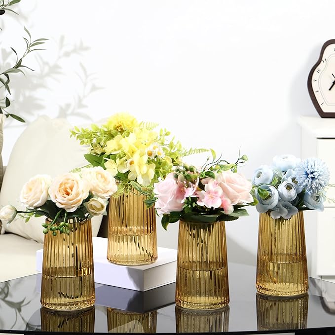 Amber Glass Vases Set of 4, Small Vases for Flowers, Flower Vase for Bouquet, Modern Ribbed Glass Vase for Living Room, Bedroom, Dining Table, Office, Wedding, Centerpieces