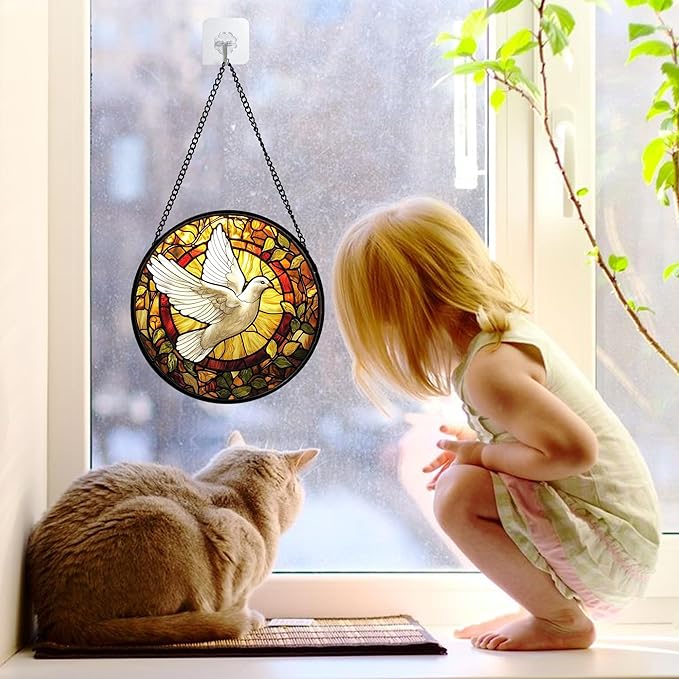 Stained Glass Window Hanging, Flying White Dove Sun Catchers Diamond Glass Panel Hangings Cute Birds Suncatcher Decor for Birthday for Women, Men, Wife, Aunt, and Mom 6.3 in