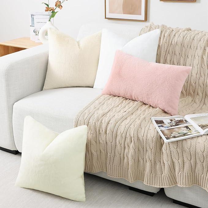 Pallene Faux Fur Plush Spring Throw Pillow Covers 18x18 Set of 2, Luxury Soft Fluffy Cozy Decorative Pillow Covers for Sofa, Couch, Living Room, Blush Pink