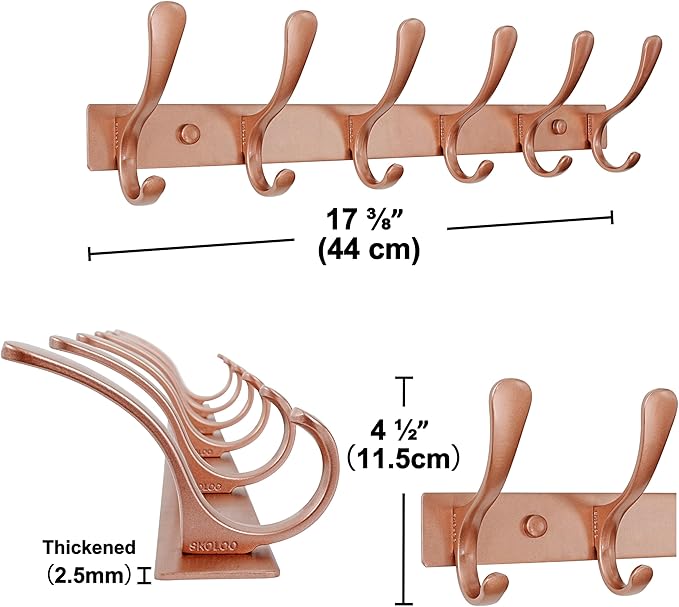 SKOLOO Coat Rack Wall Mounted - 6 Hooks, Heavy Duty, Stainless Steel, Metal Wall Hanger, Sturdy Coat Hooks for Hanging Coats, Jacket, Clothes, Hat, Matte Rose Gold